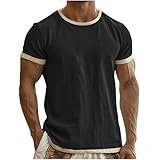 Linen Shirts for Men Short Sleeve Color Block Lightweight Crew Neck Casual Shirts Summer Fashion Beach Pullover Tops Black-L
