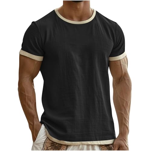 Linen Shirts for Men Short Sleeve Color Block Lightweight Crew Neck Casual Shirts Summer Fashion Beach Pullover Tops Black-L