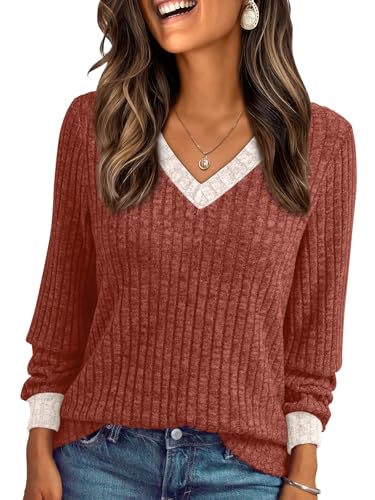 Image of AUTOMET Womens V Neck Long Sleeve Shirts Fall Tops 2026 Lightweight Sweater