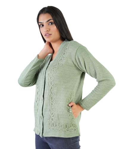 Image of MANRA Women's Woolen V-Neck Buttoned Full Sleeve Cardigan Self Design Soft Wool Fabric Winter Wear Pure Wool Sweater Fully Warm with Front Pockets Stylish Cardigan