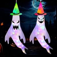 Halloween Deko 2 Stück WindsäCke Geister mit 3m LED Bunt Lichterkette, Halloween Ghost Windsack Flagge Hängende Dekoration für Outdoor, Horror Geister Deko für Garten Hof Fenster Patio