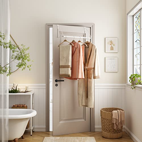 Tajsoon Over The Door Closet Valet, Expandable & Adjustable Over The Door Clothes Organizer Rack And Door Hanger For Clothing Or Towel, Drying Clothes, Bathrooms, Fits Doors Up To 1¾”, Metal, White #TOP2