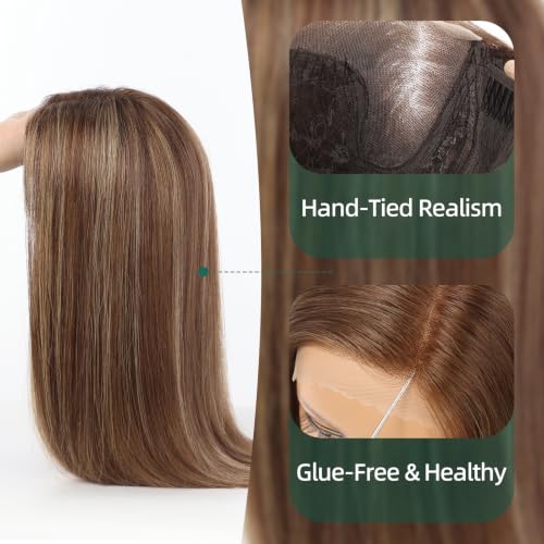 Image of 5x5 Lace Front Wigs for women,Human Hair Blonde Straight Glueless with Free Part & Pre Plucked Natural Hairline 16 Inch(Brown with Blonde Highlights)