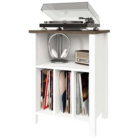 Record Player Stand, Vinyl Record Storage Table End Table with Display Shelf Holds up to 130 Albums, Large Nightstand Wood Turntable Stand Cabinet Side Table for Living Room, Bedroom, White Cover