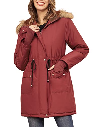 Grace Karin Long Warm Fashion Hoodie Winter Jackets For Women Thicken Fleece Lined Faux Fur Jackets Anoraks With Pockets Windproof Wine Red M #TOP7