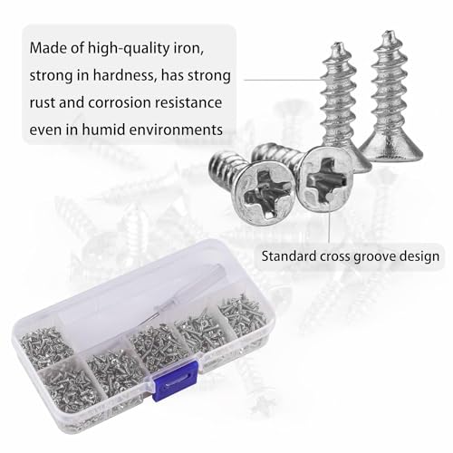 Roosea 1000 Pcs M2 Small Hinge Wood Screws 5/6/7/8/10 mm Tiny Flat Head Cross Small Wood Screws with Screwdriver for DIY Hinge Drawer Accessories(Silver) - Image 3