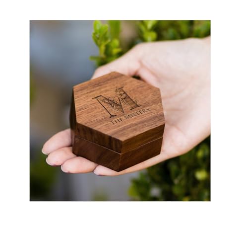 Image of Custom Engraved Hexagonal Wooden Ring Box for Wedding Ceremony, Hexagonal Solid Wood Wedding Ring Holder