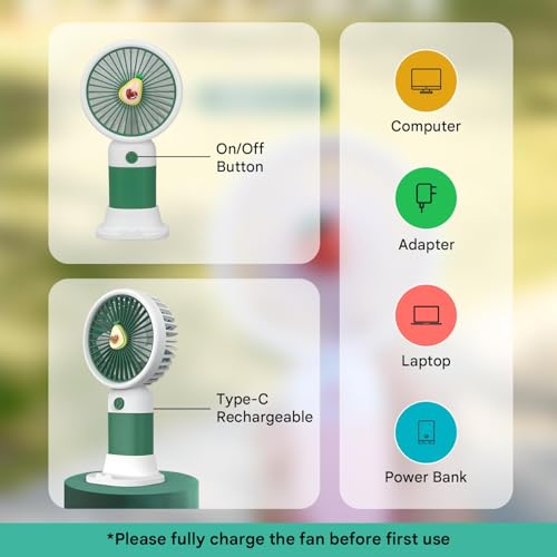 Image of EDNITA Mini Portable Hand Fan USB Type C Rechargeable 3 Speed Personal Cooling Fan, Handheld Small Desk Fan with Stand, Battery Operated for Office, Home, Travel & Outdoor Use - Multicolor