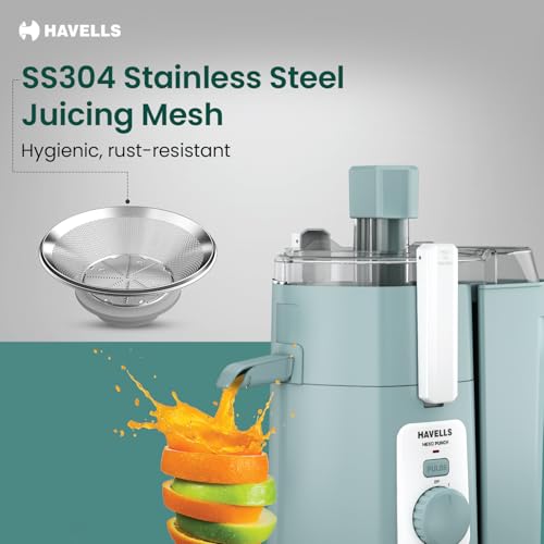 Image of Havells Hexo Punch 900W Juicer Mixer Grinder with 2 Jars|304SS Juicing Mesh|100 min Run Time|Large Size Pulp Container|1.75L Blending Jar|Body Lock Mechanism|5 Yr Warranty on Motor(Mint Green & White)