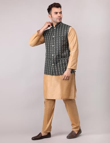 Image of Men's Cotton Silk Blend Regular Kurta Pyjama, Embroidered Nehru Jacket /Waistcoat Set