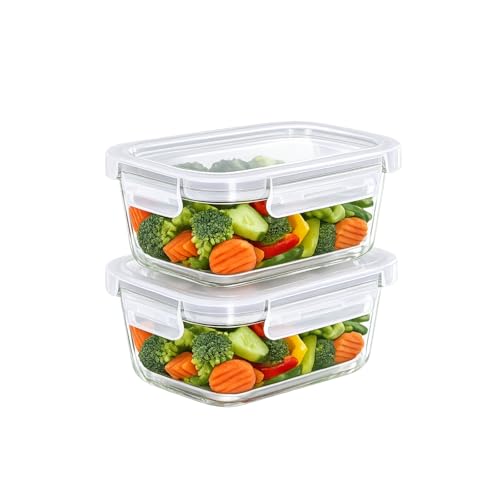 Image of Essentia Glass Lunch Box Borosilicate Container with Leakproof 4-Way Lock Lid, Removable Silicone Gasket, Anti-Slip Sleeve - Microwave & Freeze Safe, Dishwasher Safe (2x370ml)