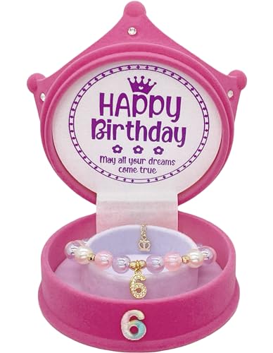 ZomefinKiu Girls 6th Birthday Princess ~ Pink Charm Bracelet, Crown Shape Keepsake Jewelry Box, 6 Year Old Girl Birthday Outfit for 6th Bday Party