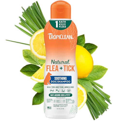 TropiClean Soothing Flea and Tick Shampoo Treatment for Dogs, Powerful & Natural Defense, Prevention for Large & Small Dogs, Made in USA, 20oz
