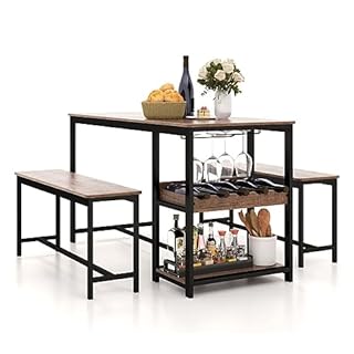 GiantexUK 3PCS Dining Table and Benches Set, Wooden Kitchen Table Set with Storage Shelf, Glass Holder & Wine Rack, Space-saving Breakfast Table Benches Set for Home Dining Living Room Cafe