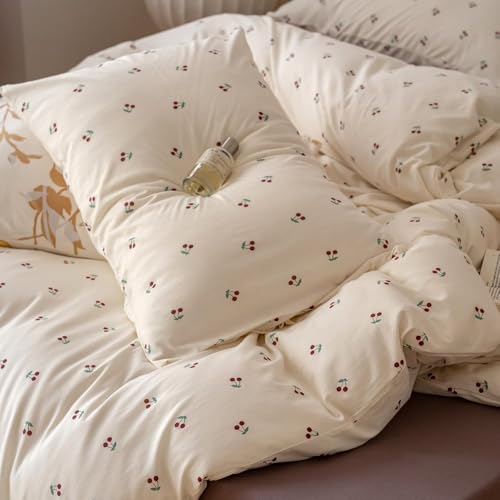 Image of Cherry Duvet Cover Queen Size Red Cherry on White Bedding Set with Zipper Closure 3 Pieces Kids Girls Cherry Pattern Soft Microfiber Comforter Cover Set with 2 Pillowcases