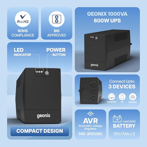 Image of Geonix UPS 1000VA / 600W - BIS Approved Uninterruptible Power Supply for Desktop PCs | Automatic Voltage Regulator, Auto Restart, Cold Start Function - Black