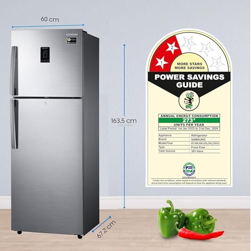 Image of Samsung 301 L, 2 Star, Convertible 5-in-1 Digital Inverter, with Display Frost Free Double Door Refrigerator (RT34C4412SL /HL, Silver, Real Steel, 2023 Model)