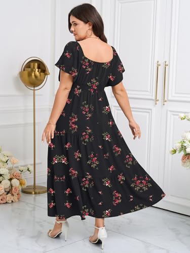 Image of SCOMCHIC Womens Plus Size Maxi Dress Formal Short Sleeve Square Neck Smocked Side Split Flowy A Line Tiered Long Dress
