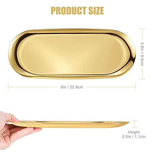 Stainless Steel Decorative Tray, Set Of 2 Vanity Tray, 9" Long Perfume Tray, Leefone Candle Tray Key Tray Storage Tray Dish Plate Tea Tray Fruit Trays Cosmetics Jewelry Organizer, Gold, Oval #TOP1