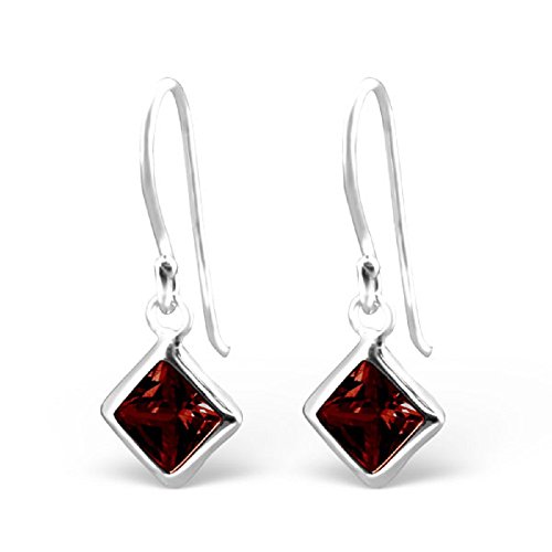 ICYROSE 925 Sterling Silver Dark Red Garnet CZ Diamond Shaped Small Little Dangling Fishhook Hook Earrings 23942