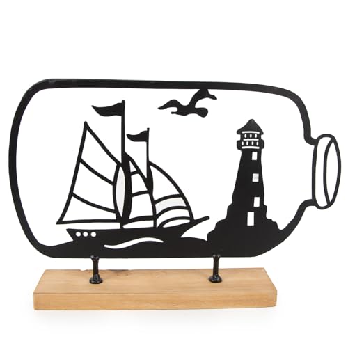 Logbuch-Verlag Bouteille postale en forme de voilier et phare - Objet de décoration maritime à poser - Idée cadeau - Mer - Côte - Noir - Métal - Bois - 8...