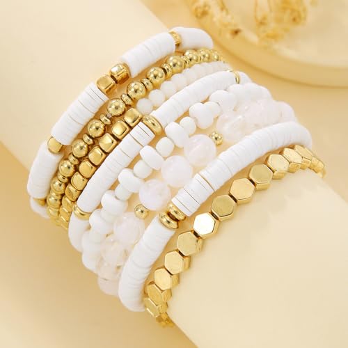Sither Heishi Clay Bead Bracelets Pack for Women Boho Friendship Stretch Bracelets Set Stackable Gold Beaded Bracelets Jewelry for Gift4