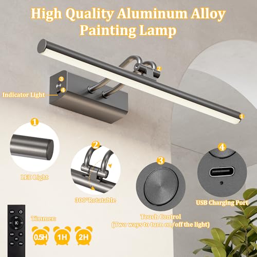 Image of Battery Operated Picture Light for Wall, Grey, 13.8 inch, Remote Control | 4000mAh Cordless,Grey Wall Light, Magnetic for Easy to Charge,Timers, Display for Gallery Living Room Bedroom