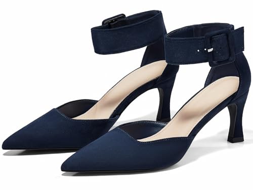 Coutgo Womens Kitten Low Heels Closed Pointed Toe Ankle Buckle Strap Pumps Suede Dress Wedding Shoes, Navy Blue, Size 8