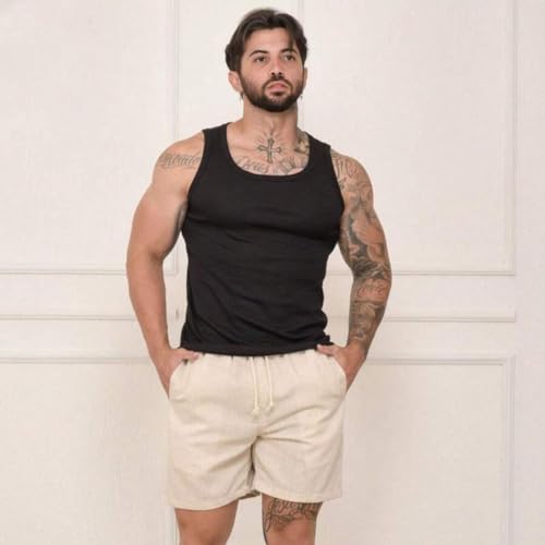 Bermuda Short Linho Premium Masculino Mauricinho Moda Praia (BR, Alfa, M, Regular, Regular, Bege)