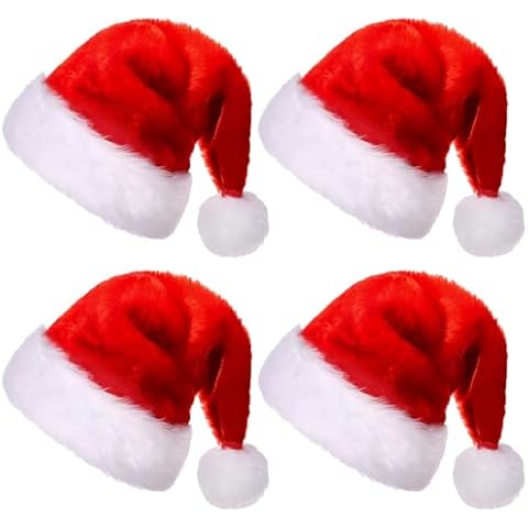 4 Pack Plush Santa Hat, Christmas Hats for Adults Classic Red Xmas Holiday Hats for Party Costume Cover