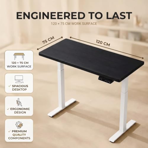 Image of Lite Series 120x75cm Electric Standing Desk with Black Tabletop | Adjustable Height Workstation | Anti-Collision | 3Memory Presets | Heavy-Duty Frame | Free Installation Included| White Frame