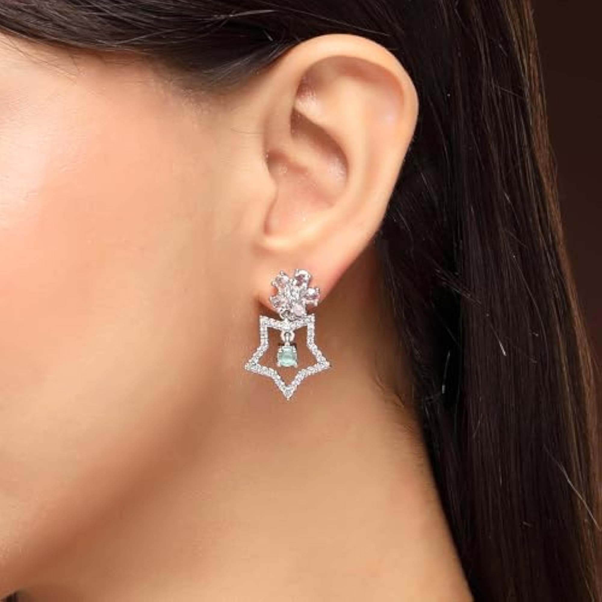 Women's Rhodium Plated Starry Floral American Diamond Drop Earrings