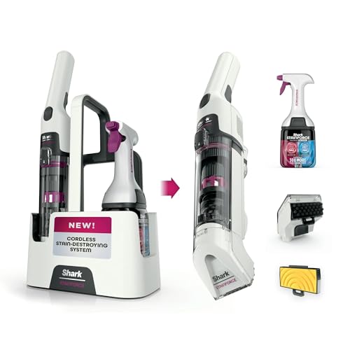 Shark StainForce HX100 cordless spot cleaner with its included caddy and accessories — the only battery-powered pick in the set