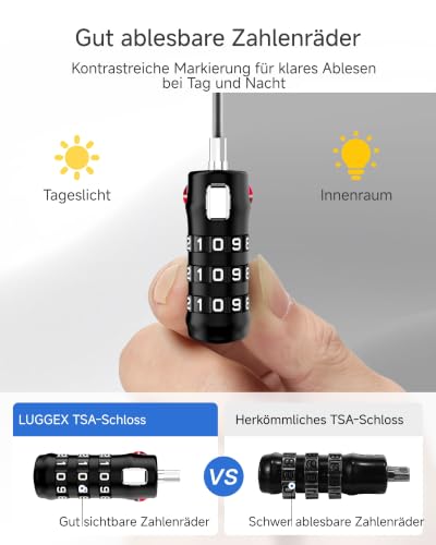 LUGGEX Zahlenschloss, TSA Kofferschloss mit flexiblem Stahlseil, Vorhängeschloss mit Zahlencode für Gepäck, Koffer, Rucksack und Spind… – Ansicht 2