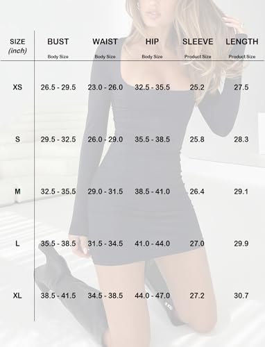 Image of OZICERD Long Sleeve Square Neck Bodycon Mini Dresses for Women Cute Ruched Cocktail Party Club Going Out Dress