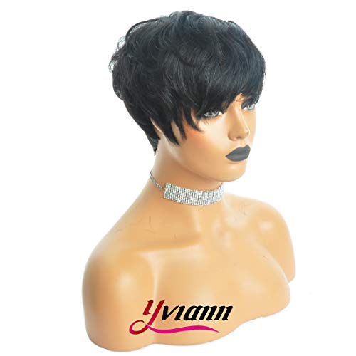 Yviann Human Hair Short Wigs Pixie Cut Wigs With Bangs Short Black Layered Wavy Wigs For Women 1B Color #TOP1