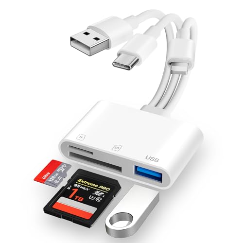 Clomnpe Lector Tarjetas SD para iPhone/USB C/USB A, [Certificado Apple MFi] Lector de Tarjetas SD con SD/Micro SD/TF/USB Puerto, Compatible con Teléfonos, Computadoras Portátiles, PC y Cámaras