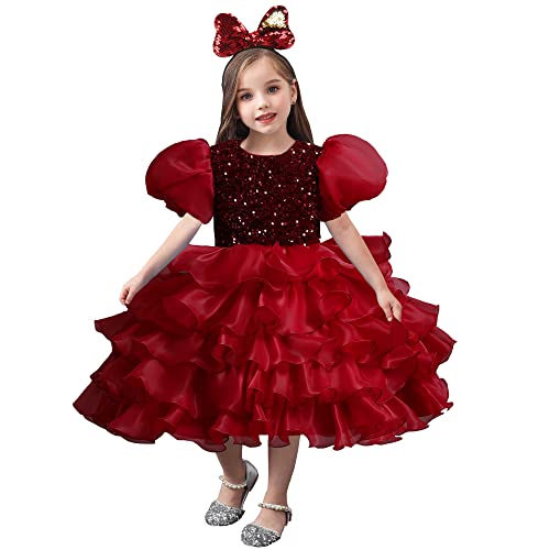 Vestido formal para bodas infantiles con diadema y acabados premium de lentejuelas rosso