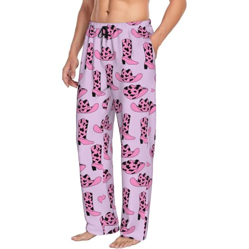Western Cow Pink Cowboy Boots Hat Mens Pj Pants,Soft Men Lounge Pants,Mens Pajama Pants Bottoms,Sleep Pants For Men