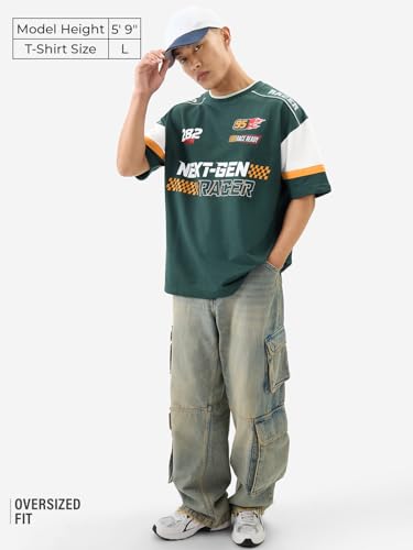 Image of The Souled Store Official Disney: Speed Racer Men and Boys Short Sleeve Round Neck Green Graphic Printed Cotton Oversized T-Shirts
