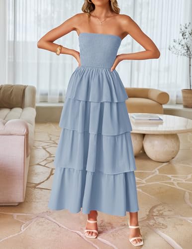 Image of ZESICA Women's Summer Boho Strapless Maxi Dress 2026 Casual Sleeveless Off Shoulder Smocked Tiered Beach Long Sundress