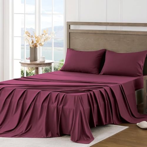 Image of FreshCulture Twin Bed Sheets - Ultra Soft Sheets for Bed - Brushed Microfiber - Deep Pockets - Easy Care - Cooling & Breathable Sheet - Hotel Quality Twin Size 3 Piece Sheet Set (Burgundy)