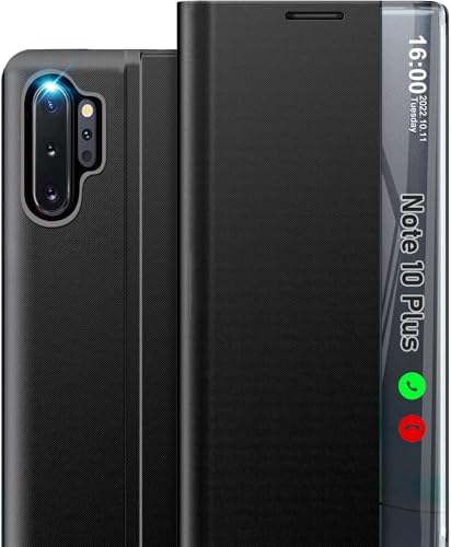 Handyhülle für Samsung Galaxy Note 10 Plus Hülle Klappbar Clear View Spiegel Flip Leder Note 10 Plus Hüllen Extra-Dünn Standfunktion Schutzhülle Case Cover für Samsung Note 10+ 5g (Schwarz)