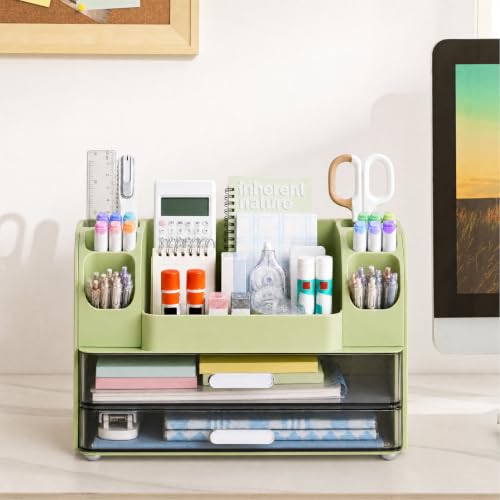 HBlife Desk Organizer with Pencil Pen Organizer for Desk, Pen Holder with 2 Drawers, Desk Organizers and Accessories with Compartments, Desktop Storage for Office Home School Art Supplies, Green - Image 6