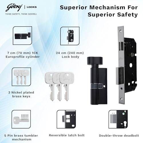 Image of Godrej Mortise Lock | Handle Lock Set for Main & Internal Doors | NEH 06 Home Decor Handle | Matte Black Rose Finish | 9 Inch Lockbody | 70mm 1CK Cylinder Knob from Inside Key Outside | 3 Keys