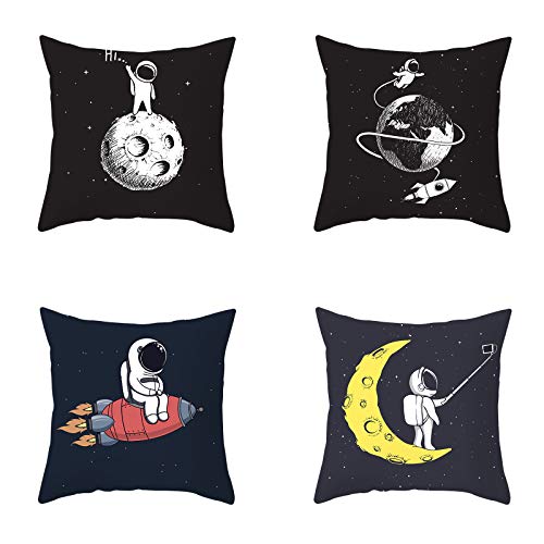 Hhocn 4 Pieces Space Pillow Cover Astronaut Moon Spaceship Square Space Throw Pillow Case Sofa Bed Couch Throw Cushion Cover Decoration (18" X 18") #TOP26