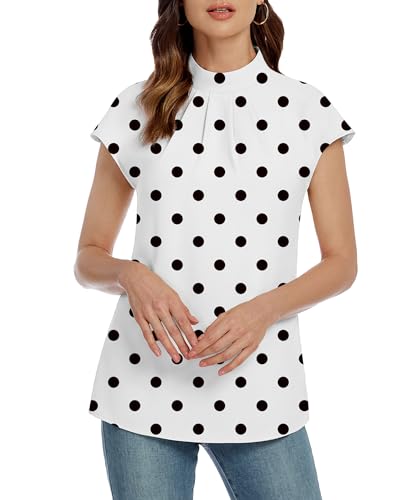 Image of Funlingo Womens Summer Tops Mock Neck Short Cap Sleeve Blouses Business Casual Work Chiffon Shirts Front Pleated Tunic Top