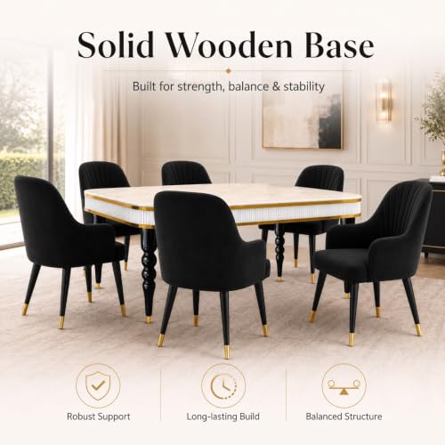 Image of 6-Seater Dining Table Set with Nano Composite Marble Top | Golden PVC Wooden Base | Includes 6 Fabric Upholstered Chairs | 2 Year Warranty | Dining Room Furniture Set for Home