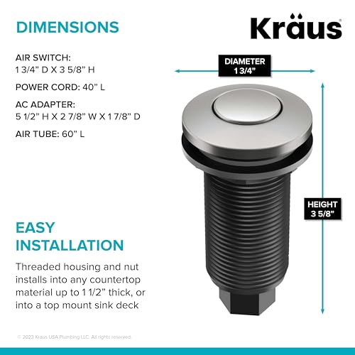Image of KRAUS Garbage Disposal Air Switch Kit in Spot-Free Stainless Steel with Push Button, AC Adapter, Power Cord, and Air Tube Included, KWDA-100SFS (Pack of 6)