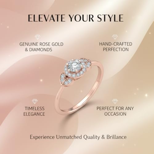 Image of Rose Gold Plated Diamond CZ & Blue Sapphire Petal Halo Engagement Ring for Women, Petite Round Shape Wedding & Everyday Jewelry, Handmade Gift for Wife US Size 4-12